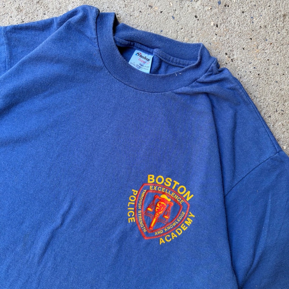Vintage Stedman Super 50 Boston Police Academy T-Shirt Blue Mens Large USA Made